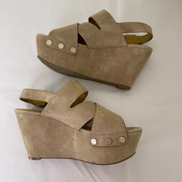Marc Fisher Bianka Wedges Size 8 Taupe Suede Leather Heels Platform Boho 60s 70s - Picture 10 of 13